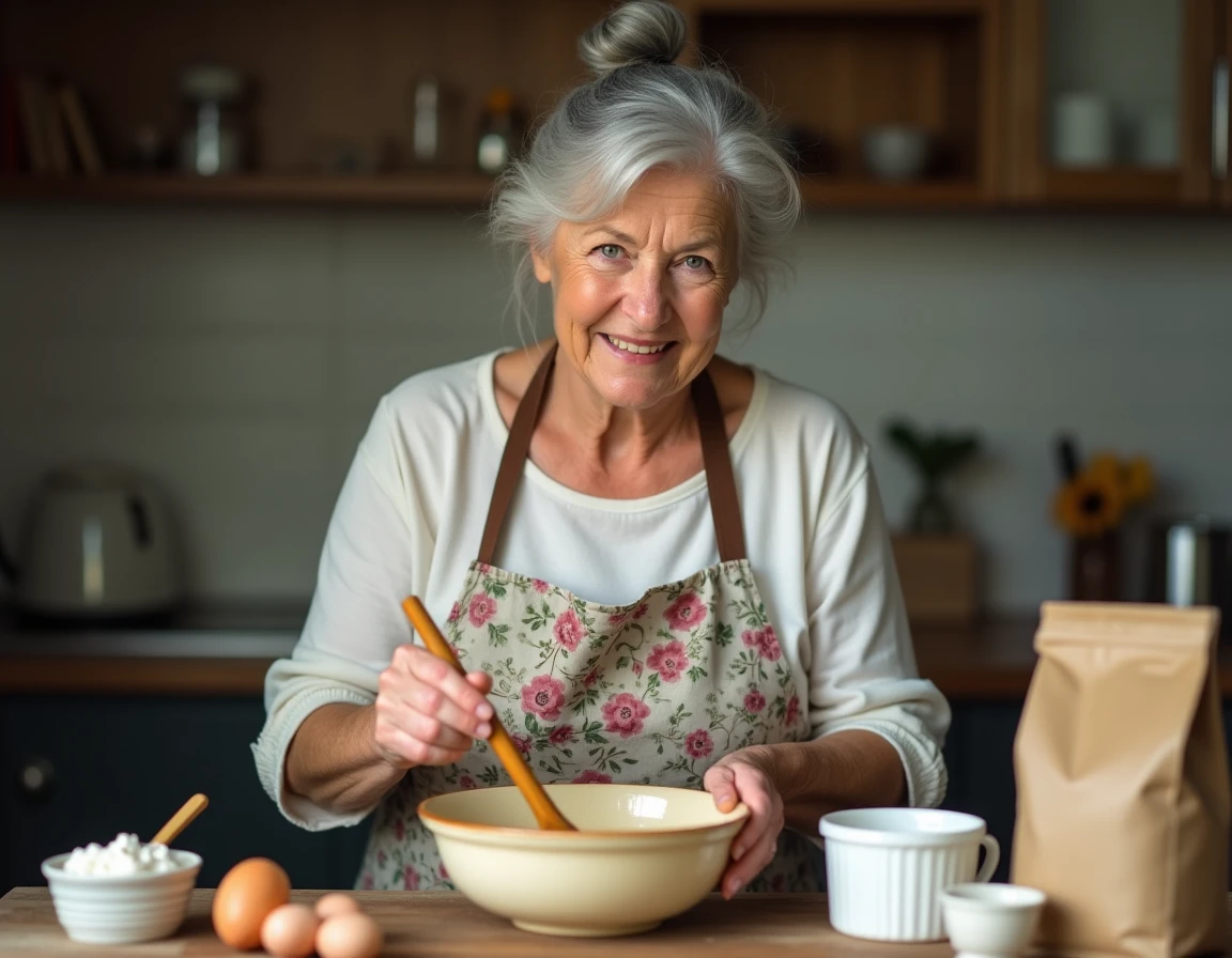 Grand-mère préparant la pâte d'un gâteau au yaourt dans un bol en céramique vintage