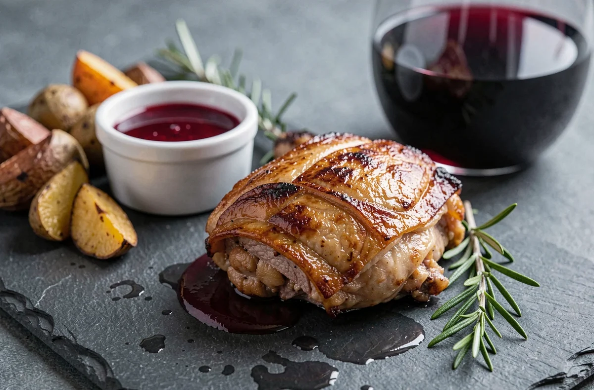 Gros plan sur une cuisse de confit de canard croustillante avec sauce au vin rouge et légumes rôtis sur ardoise