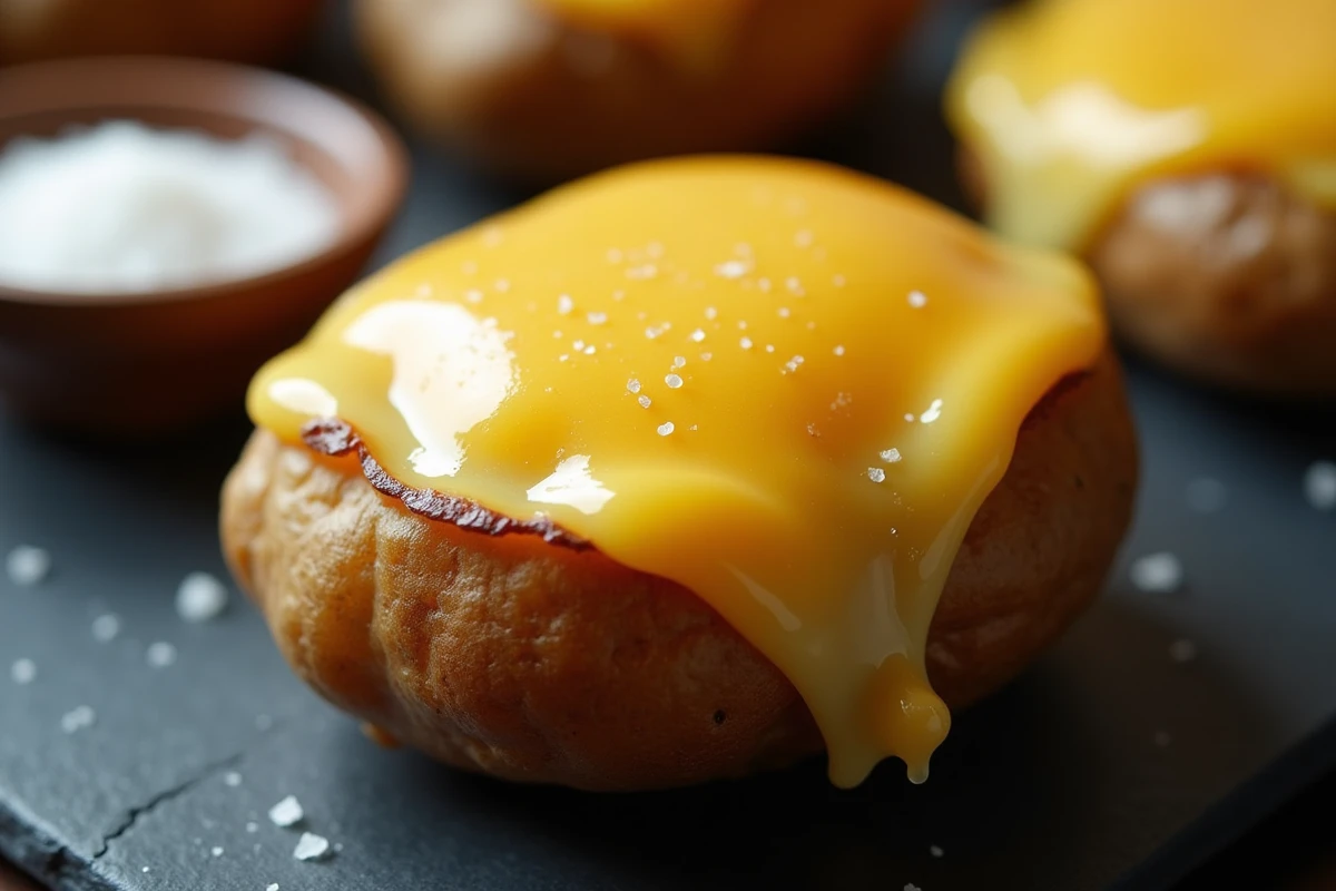 Gros plan d'une pomme de terre au four recouverte de fromage raclette fondu doré sur une ardoise de service