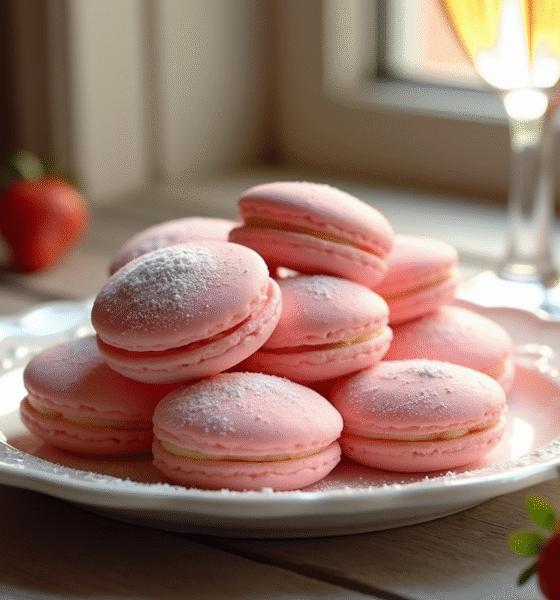 Gâteau biscuit rose de Reims présenté sur une assiette en porcelaine