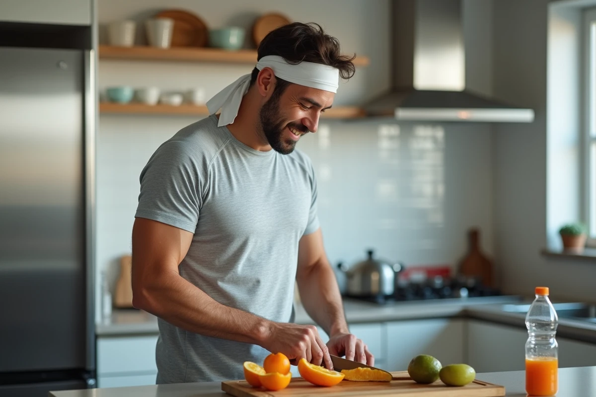 Homme en tenue de sport coupe un kaki dans la cuisine