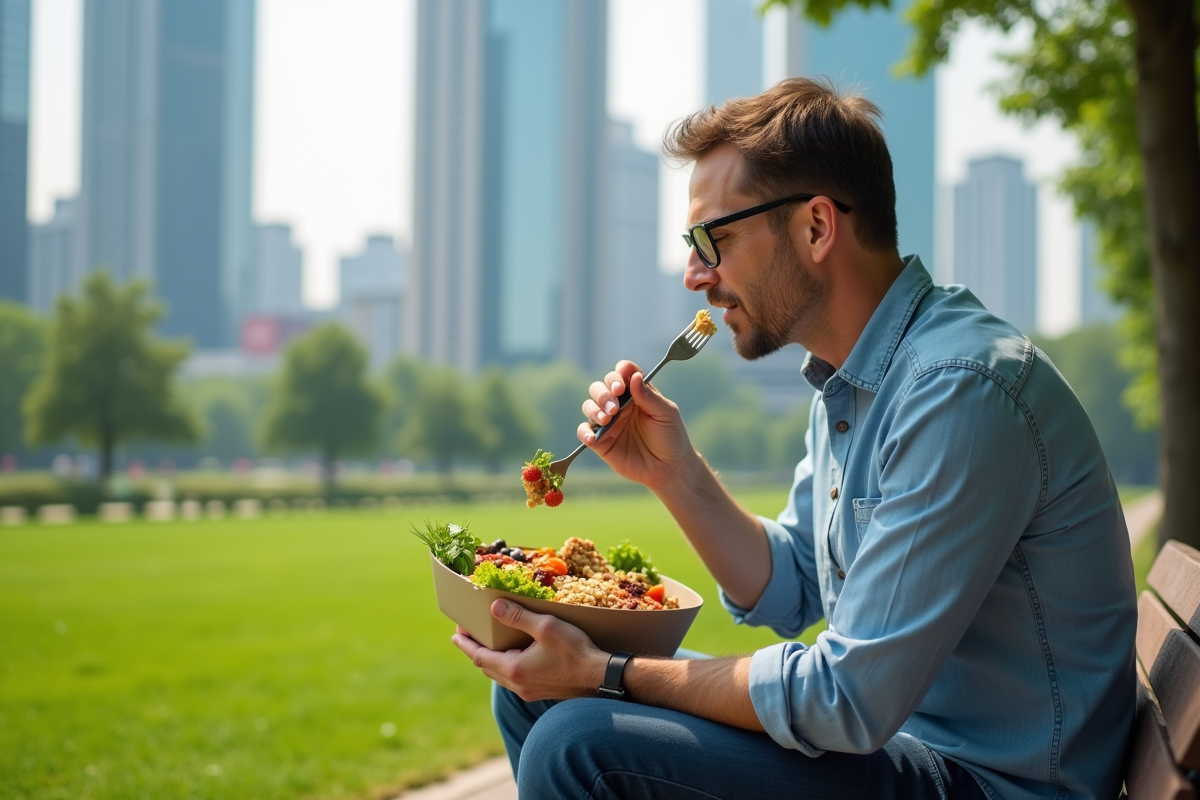 Homme dégustant un déjeuner végétal dans un parc urbain
