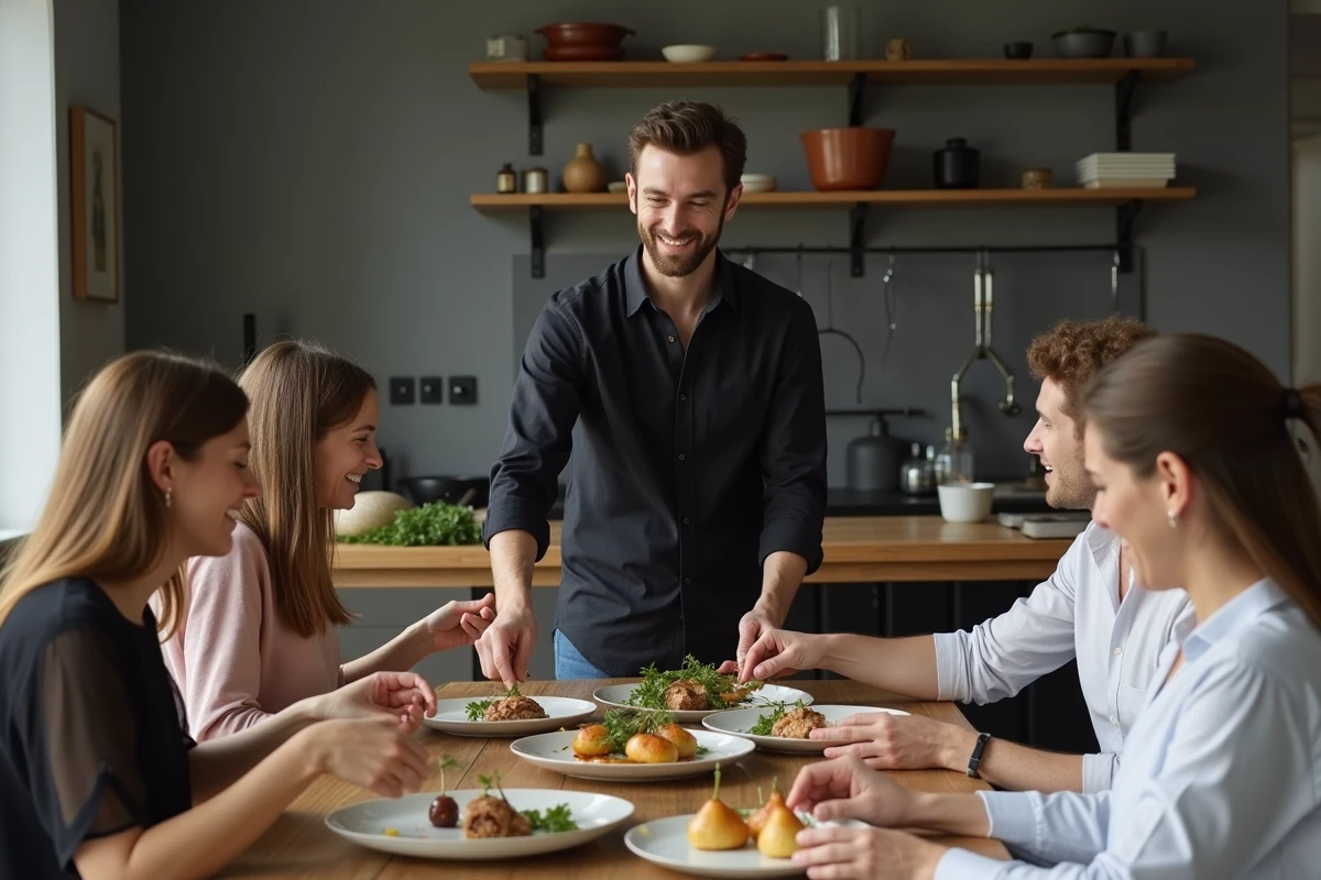 Homme en groupe partageant un repas de boudin noir entre amis