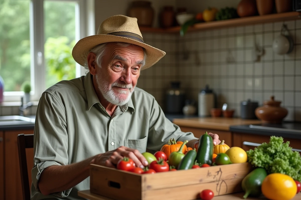 Homme âgé triant des fruits rares dans sa cuisine