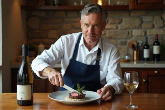 Homme sophistiqué tranchant un filet mignon à la crème dans une ambiance française