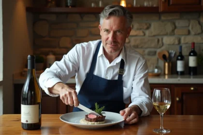 Homme sophistiqué tranchant un filet mignon à la crème dans une ambiance française