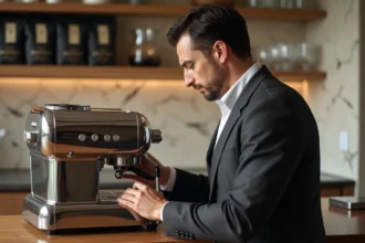 Homme d'âge moyen examinant une machine à espresso haut de gamme