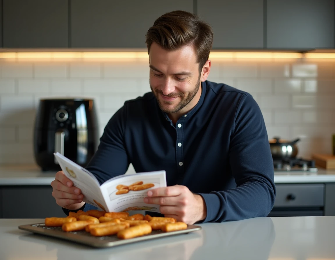 Homme lisant un livre de recettes airfryer Philips avec des surgelés dorés sortis de la friteuse en arrière-plan