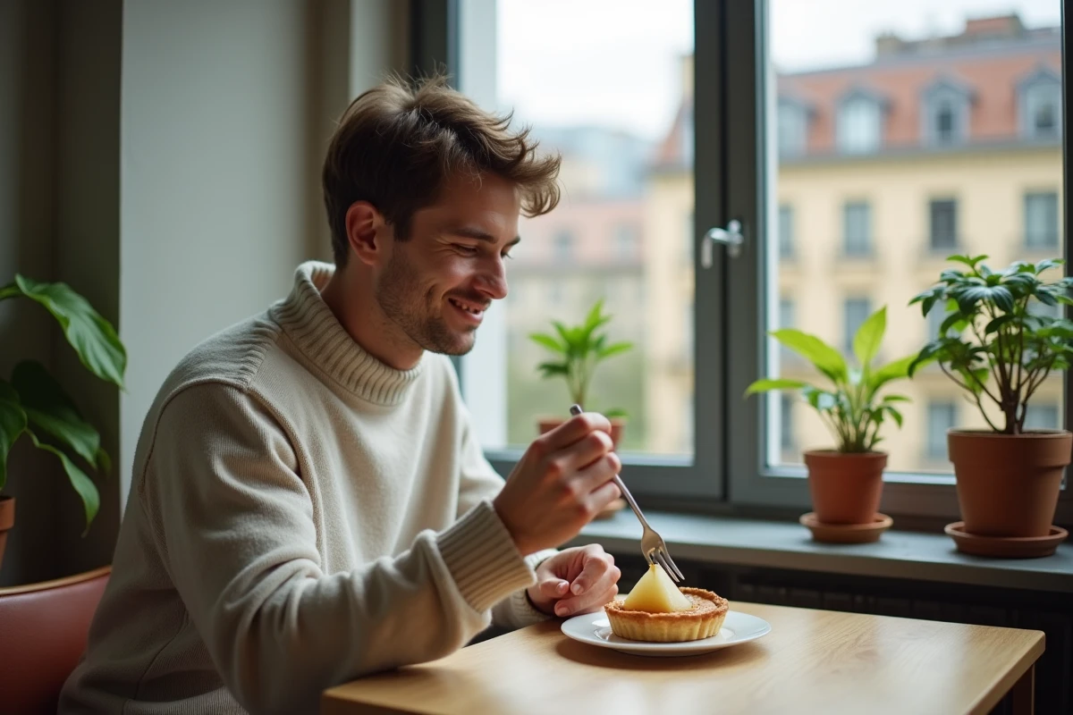 Homme dégustant une tarte aux poires dans un appartement urbain