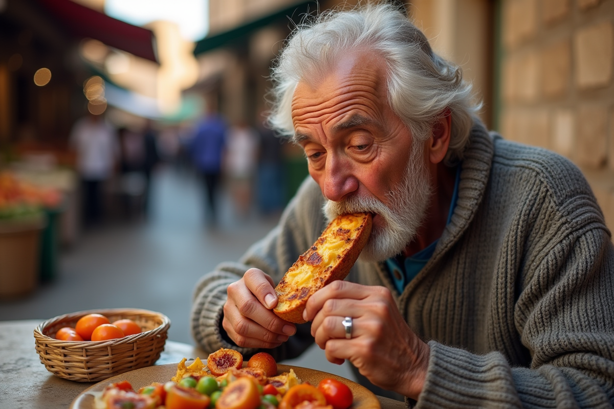 Homme âgé déguste un batbout dans un marché marocain animé