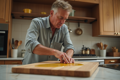 Homme massant de l'huile sur une planche en bois dans une cuisine chaleureuse