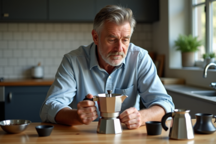 Homme d'âge moyen examinant un moka pot désassemblé dans la cuisine