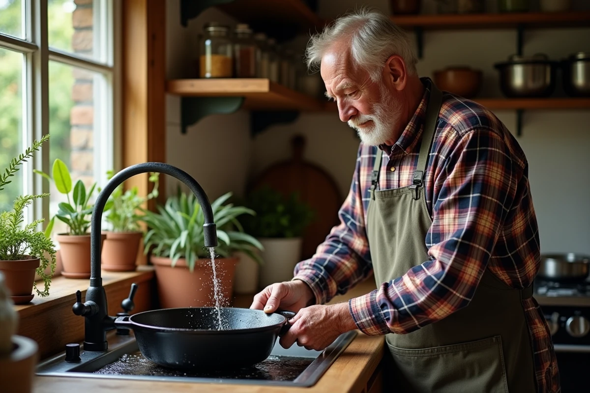 Homme âgé nettoyant une poêle en fonte rustique