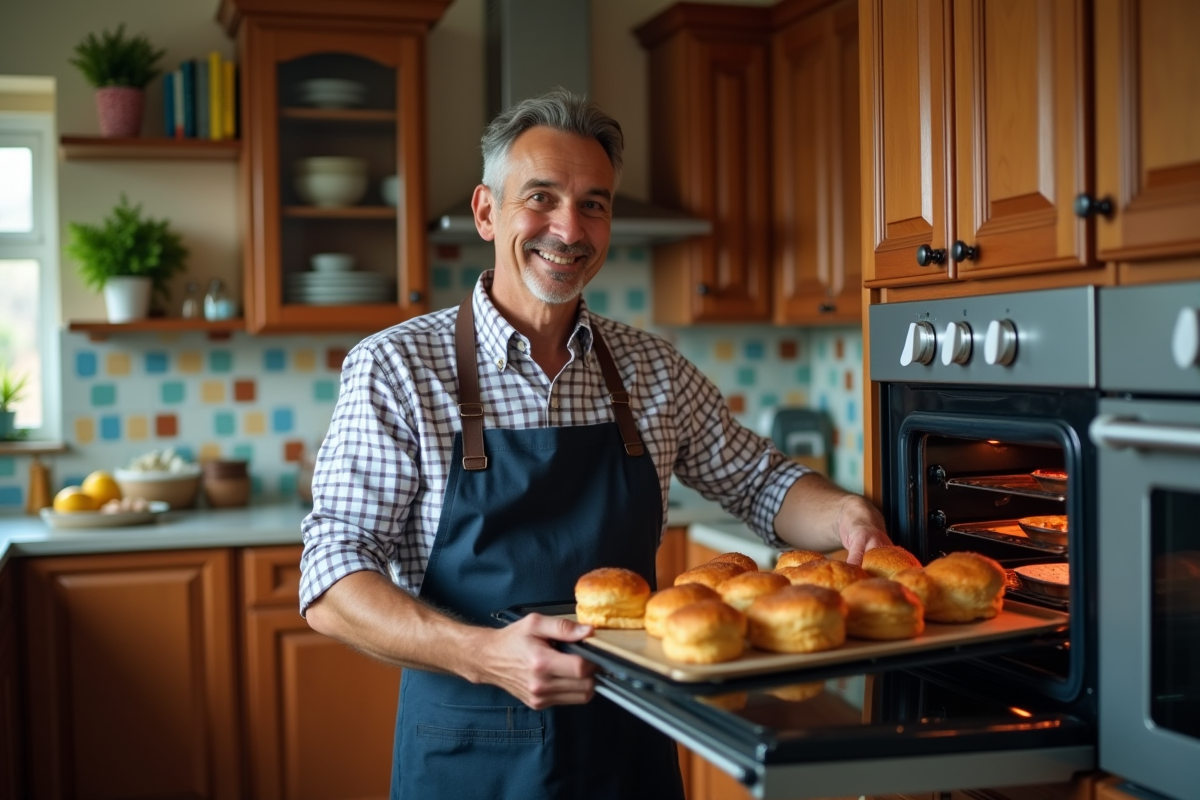 Homme sortant des pâtisseries dorées d
