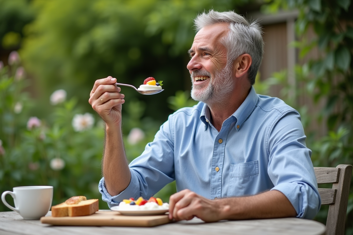 Homme dégustant un petit déjeuner sain en extérieur