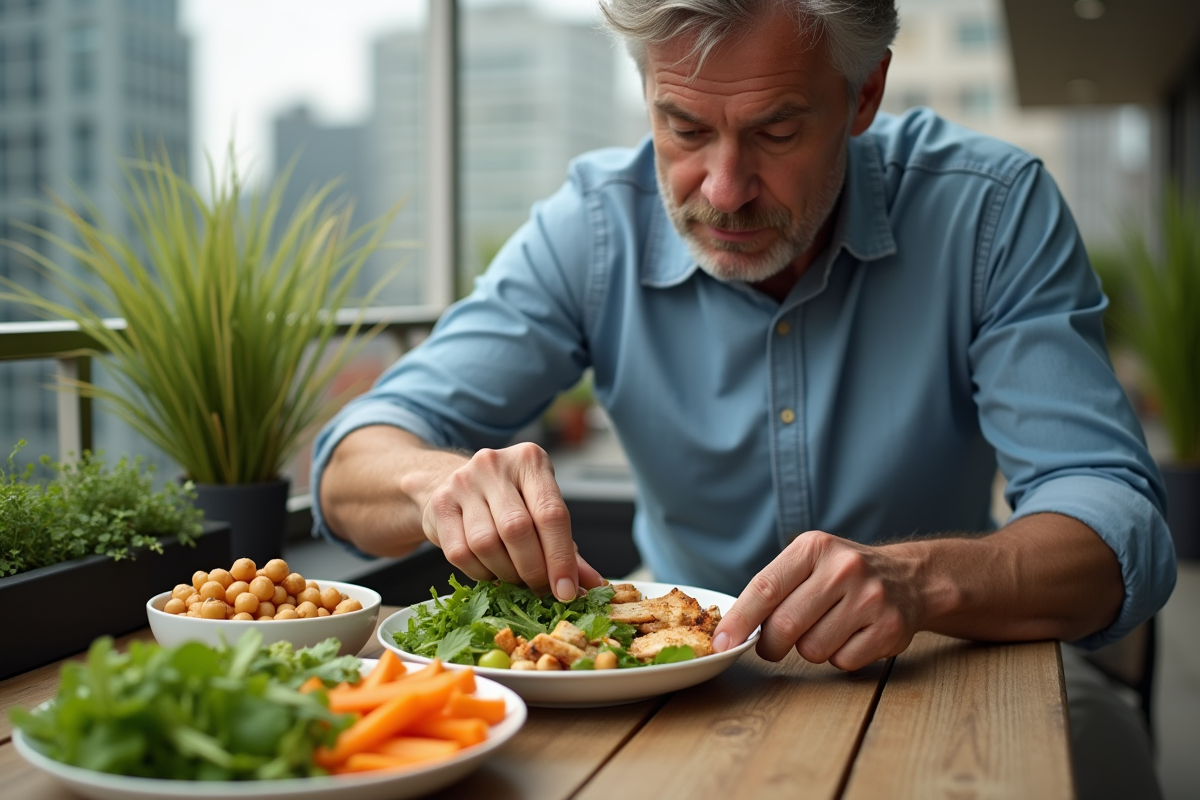 Homme en extérieur préparant une salade fraîche et nutritive