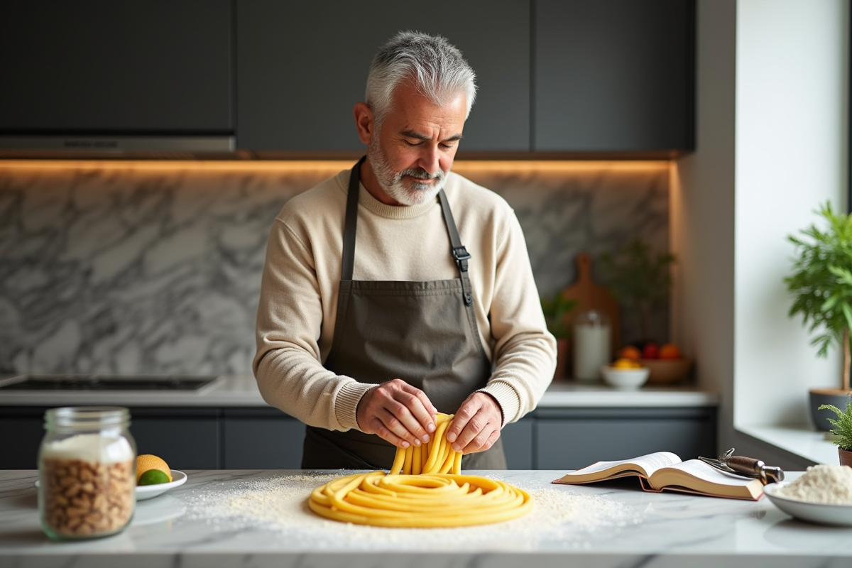 Homme façonnant pâtes keto dans la cuisine moderne