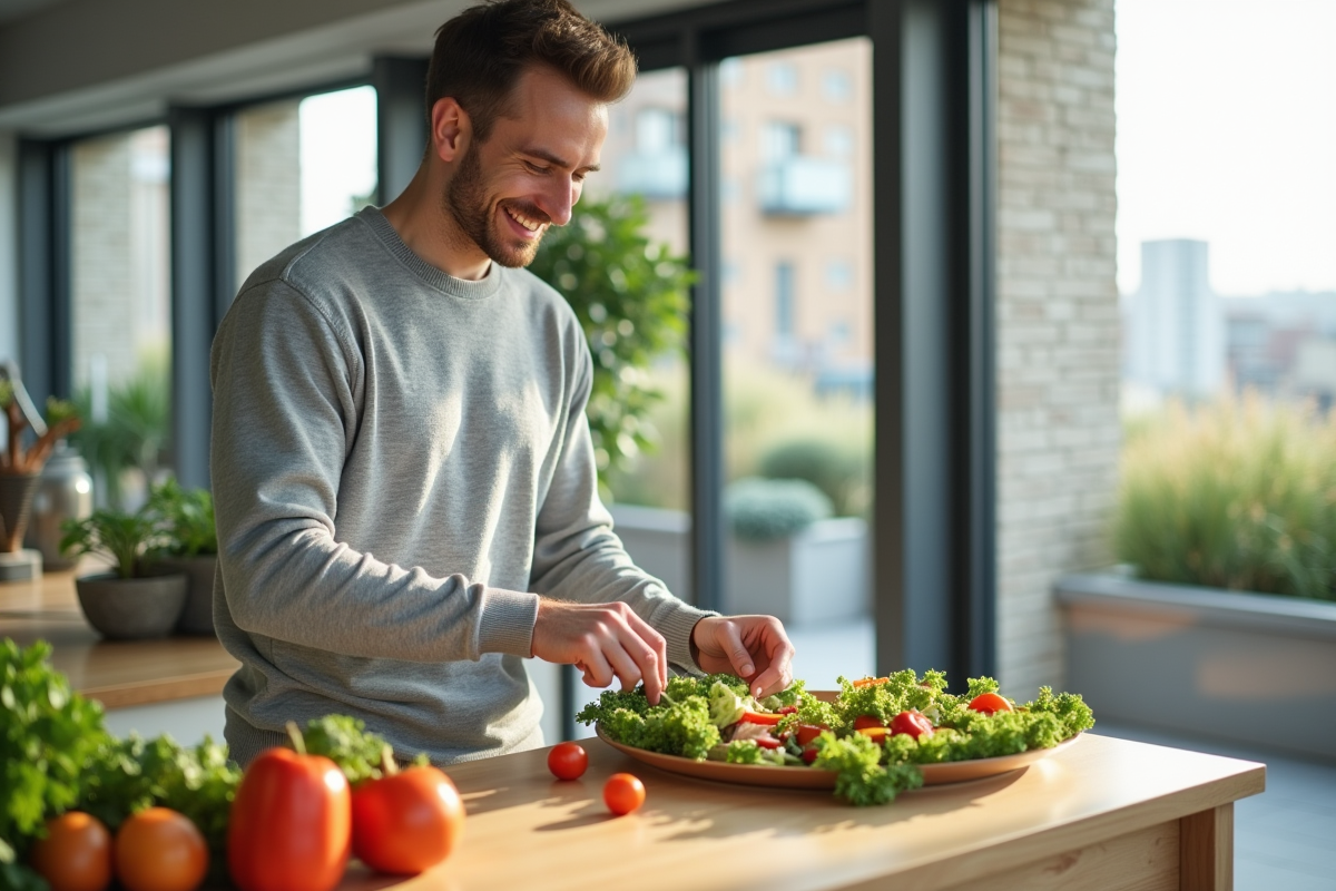 Jeune homme préparant une salade fraîche dans la cuisine moderne