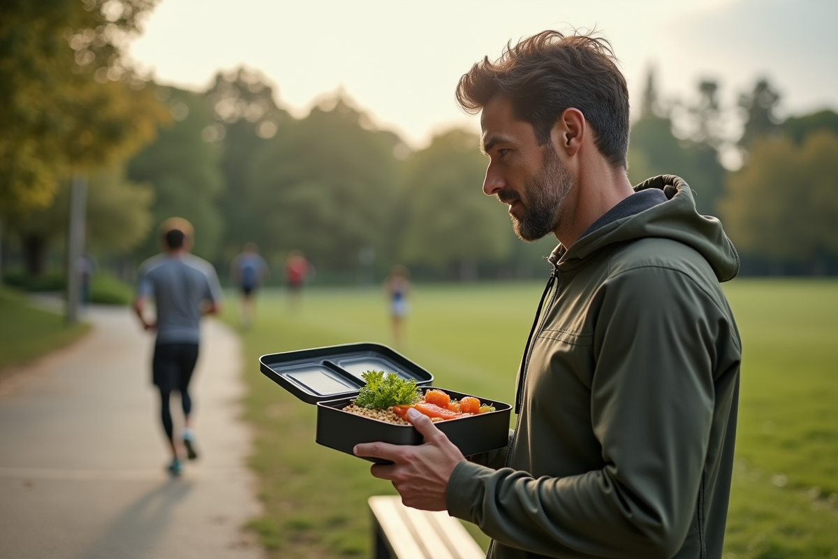 Homme appréciant un repas sain dans un parc urbain