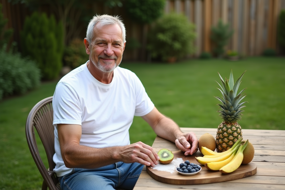 Homme détendu préparant une salade de fruits dans le jardin