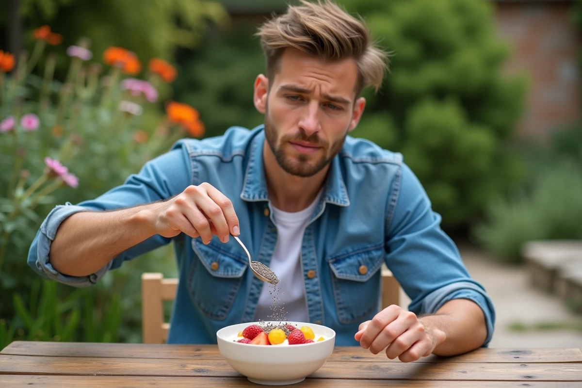 Jeune homme saupoudrant des graines de chia sur un bol de yogourt en extérieur