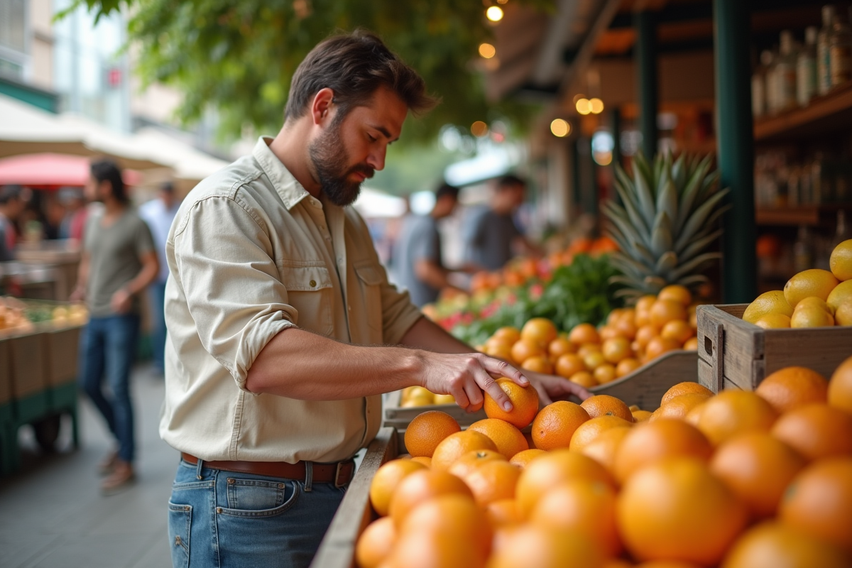 Jeune homme choisissant des fruits au marché en plein air