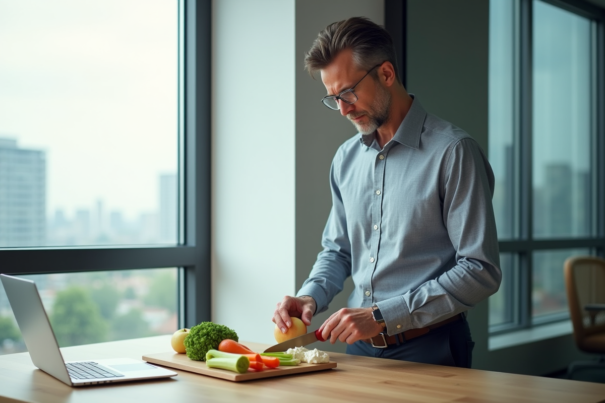 Homme préparant une collation saine au bureau lumineux