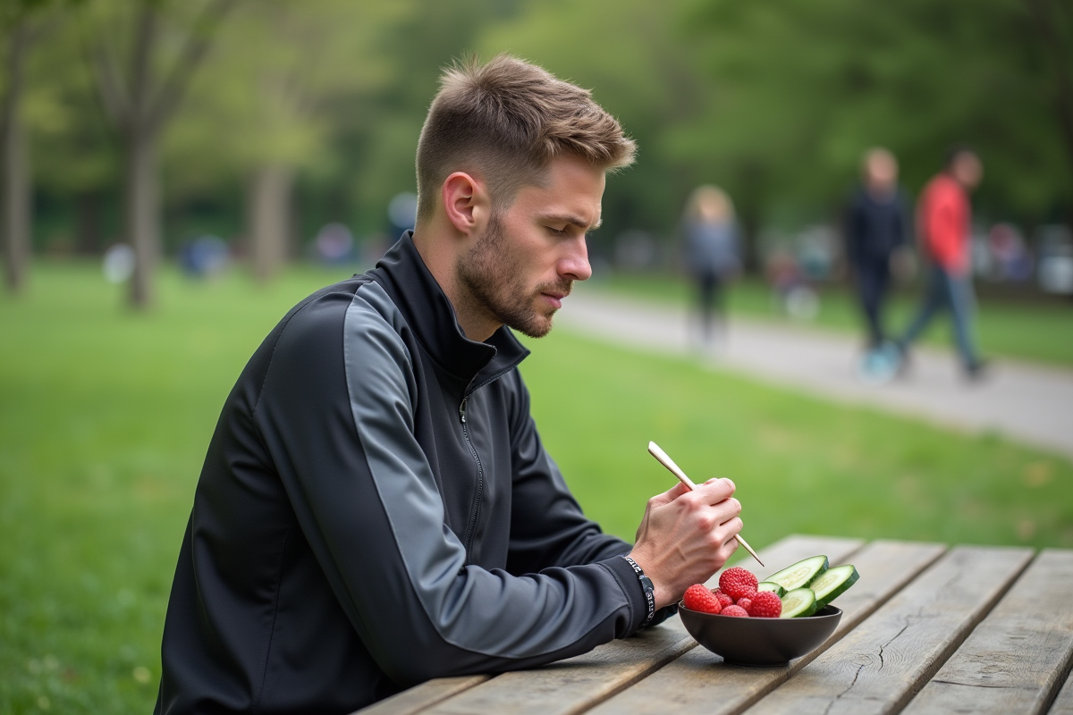 Homme en tenue de sport dégustant des fruits dans un parc