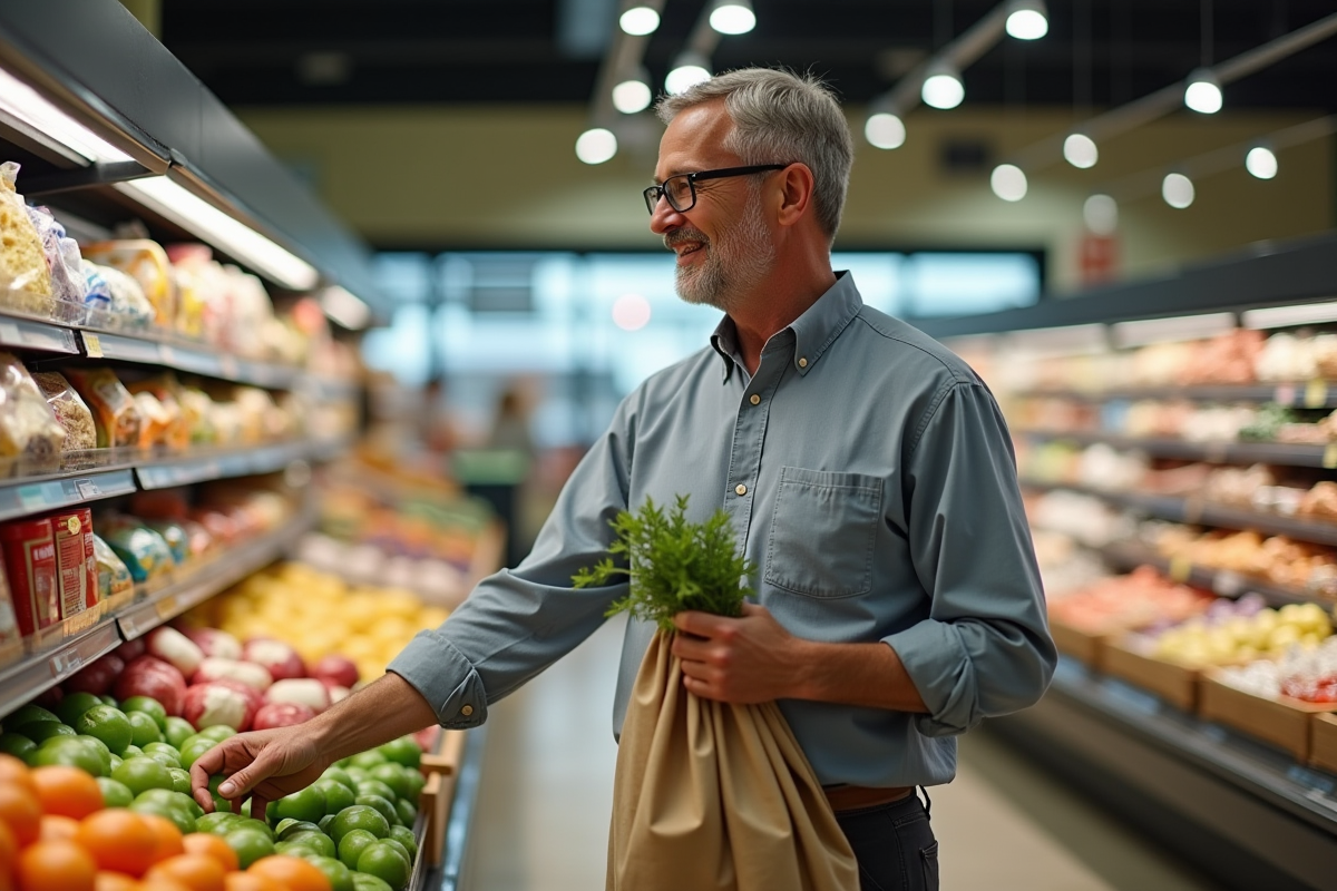 Homme souriant choisit fruits dans un supermarché animé