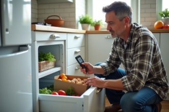 Homme vérifiant la température dans un congélateur domestique