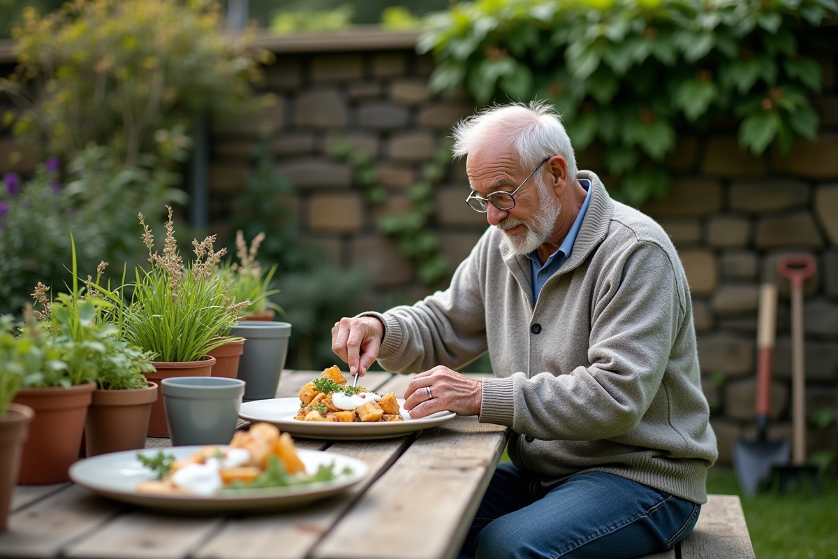 Homme âgé servant un plat au yogourt en extérieur