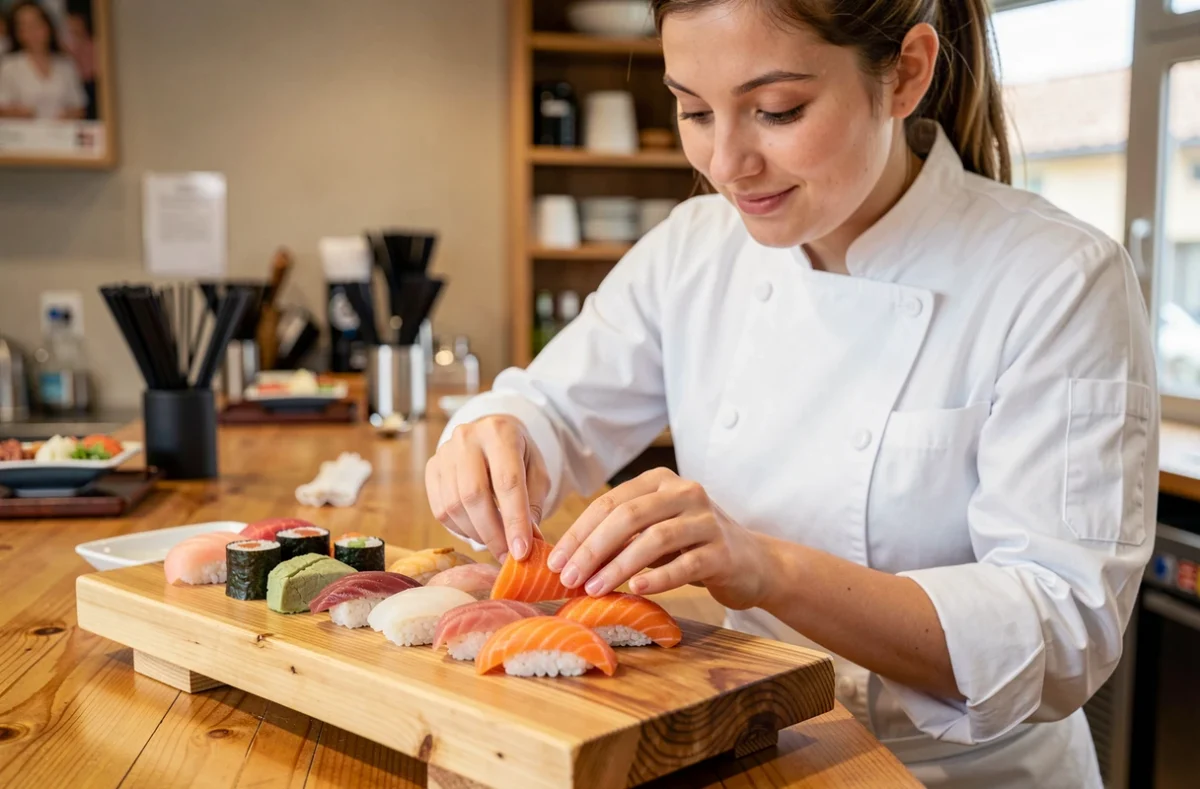 Cheffe sushiman préparant des nigiri au comptoir du restaurant Ici-Sushi à Libourne