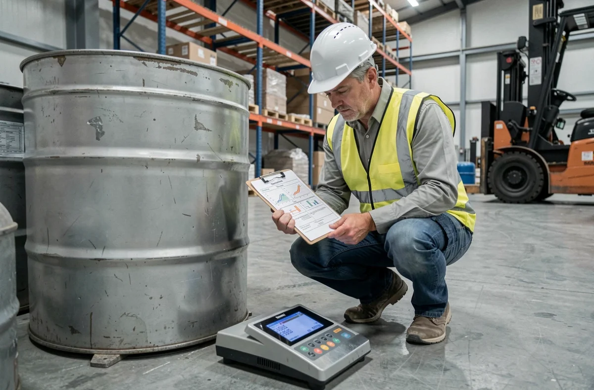 Ingénieur industriel consultant des tableaux de conversion densité litre kilogramme devant des conteneurs pesés sur une plateforme de pesée en entrepôt