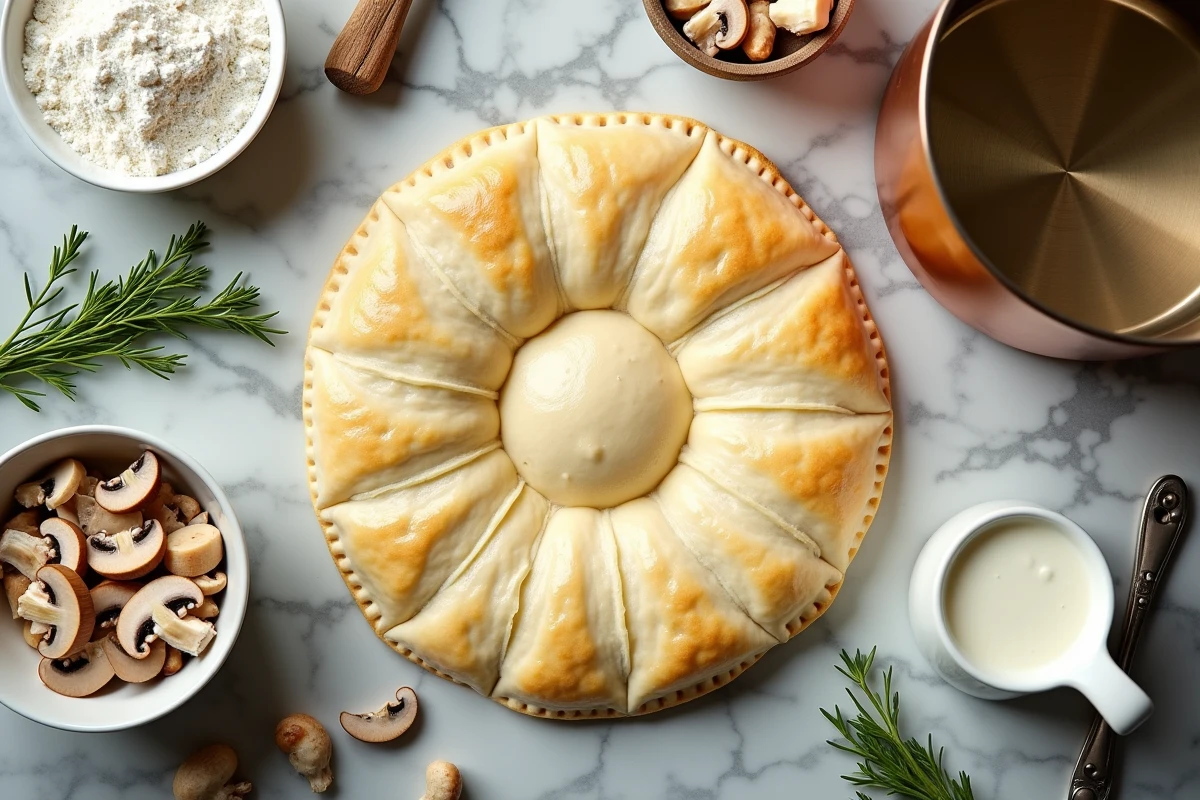 Ingrédients pour bouchées à la reine disposés en flat lay sur un comptoir en marbre, incluant pâte feuilletée, poulet, champignons, crème et herbes fraîches