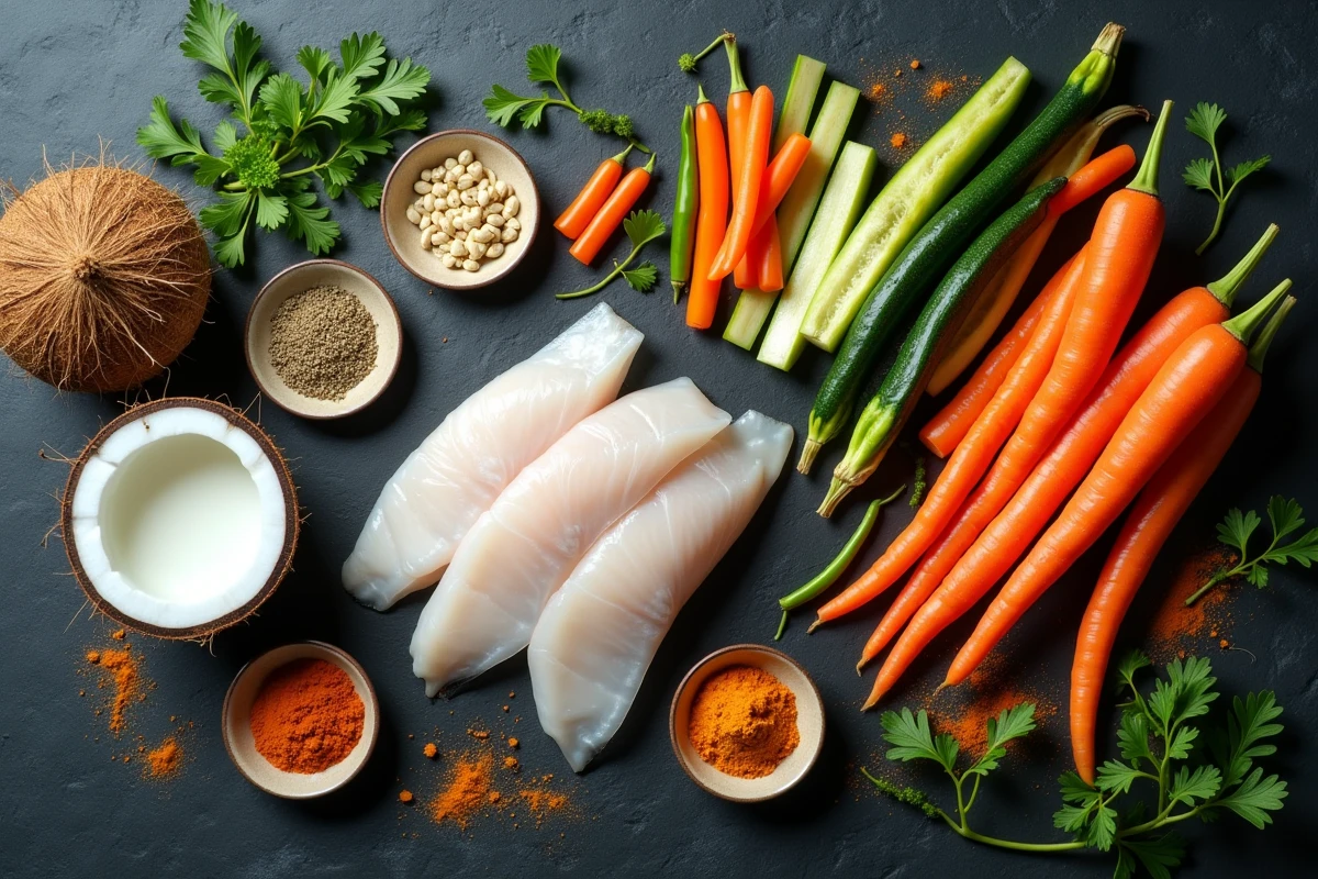 Ingrédients pour julienne de poisson au curry doux et lait de coco disposés en flat lay sur ardoise sombre