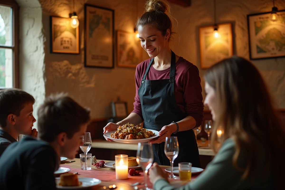 Intérieur chaleureux d'un restaurant du centre de Carcassonne ouvert le dimanche avec service de cassoulet traditionnel