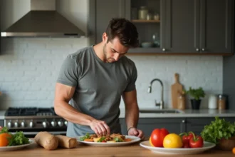 Jeune homme en cuisine préparant des aliments riches en protéines