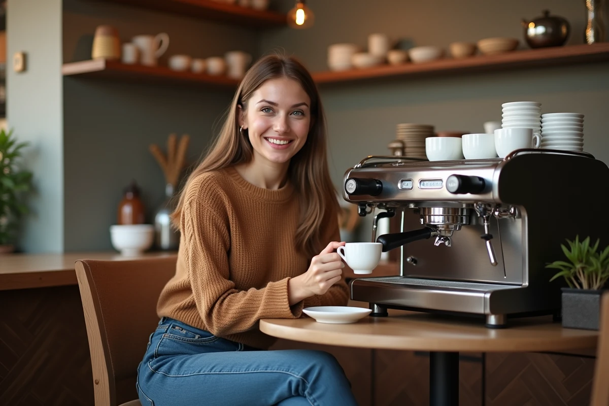 Jeune femme souriante dans un café avec machine à espresso