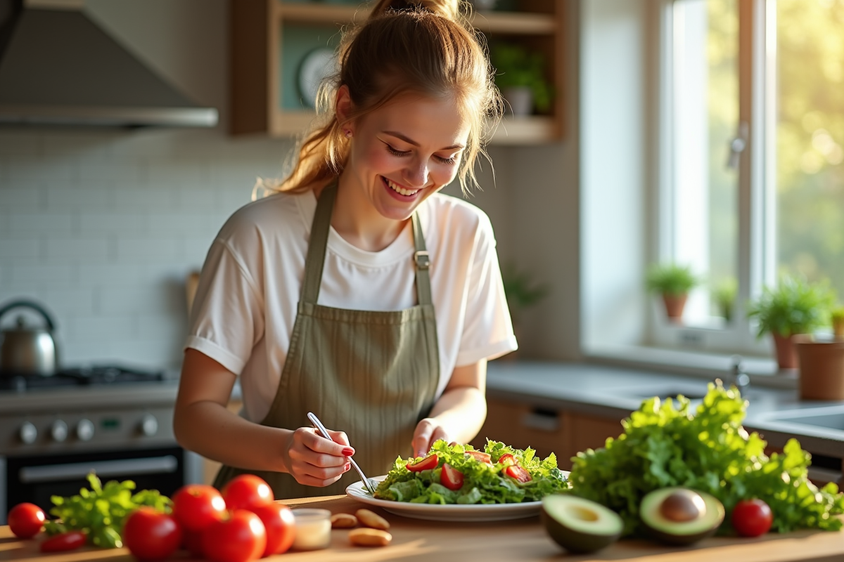 Jeune femme préparant une salade saine avec avocat et tomates cerises