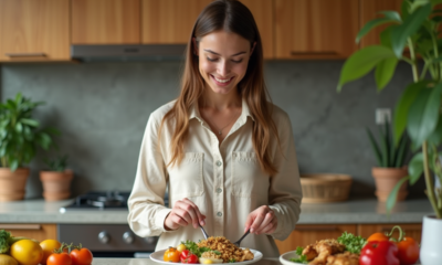 Jeune femme préparant un repas équilibré dans la cuisine