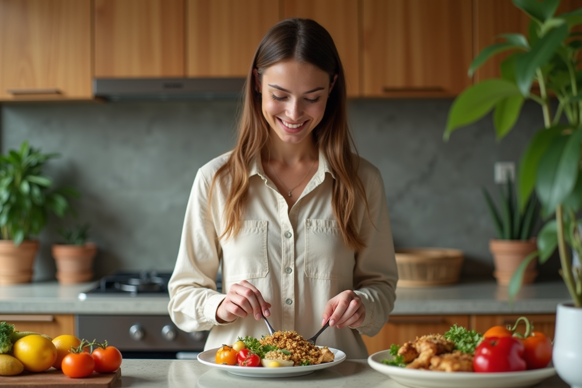 Jeune femme préparant un repas équilibré dans la cuisine