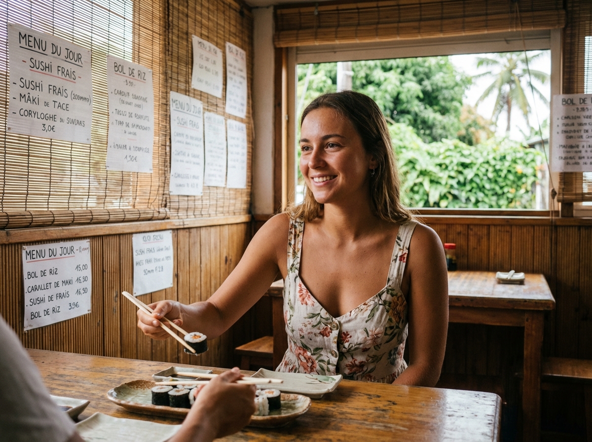 Jeune femme souriante mangeant des sushis dans un restaurant japonais à La Réunion