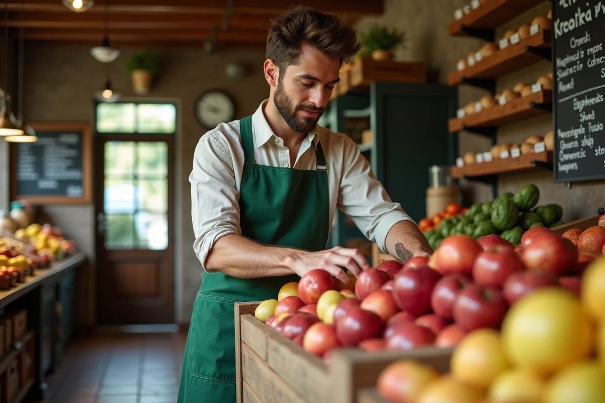 Jeune homme dans une boutique de fruits arrangeant des pommes