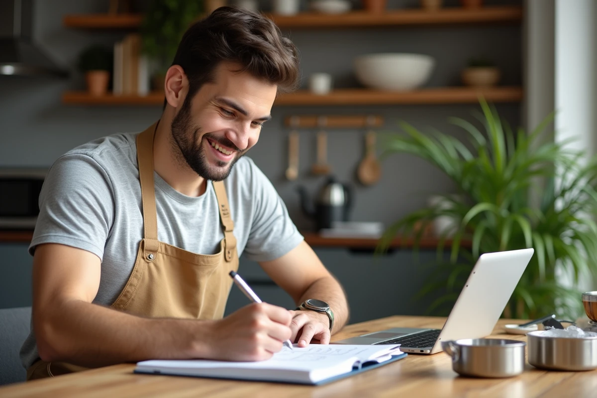 Jeune homme prenant des notes dans un carnet de recettes