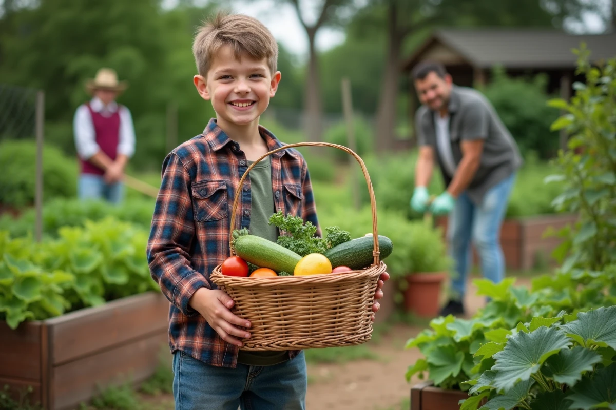 Jeune garçon avec panier de zucchinis dans un jardin communautaire