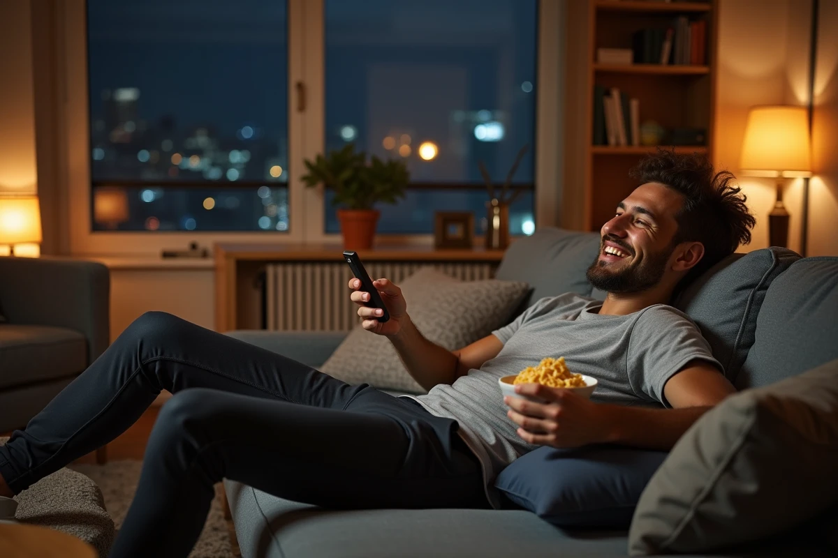 Jeune homme détendu avec un bol de pasta dans un salon cosy