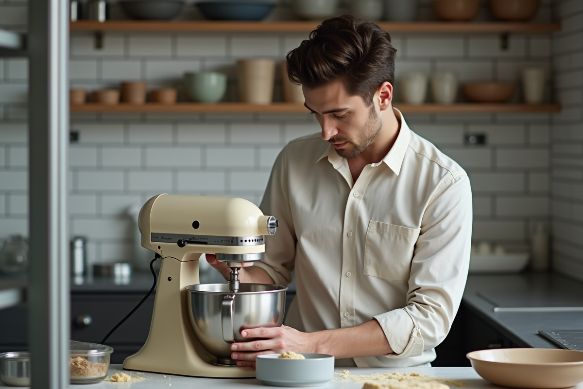 Jeune homme versant la pate dans un moule à gâteau