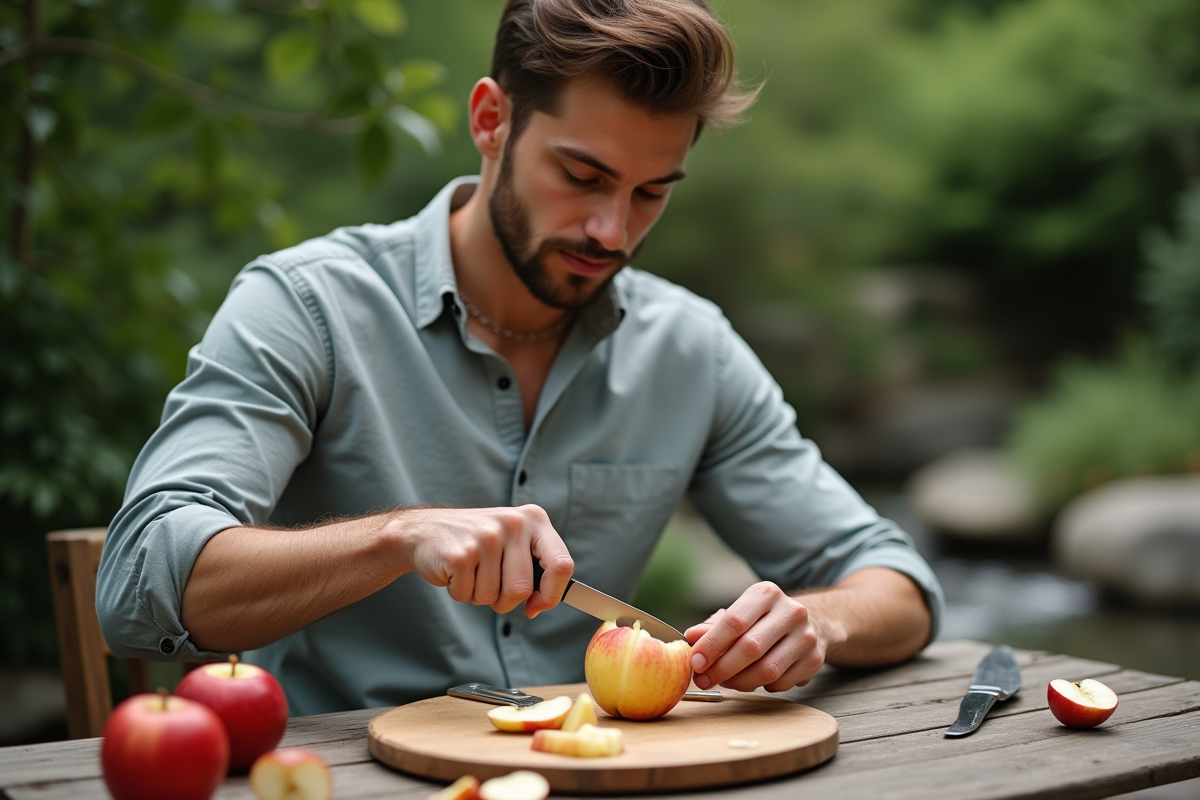 Jeune homme épluchant une pomme avec un couteau japonais en extérieur