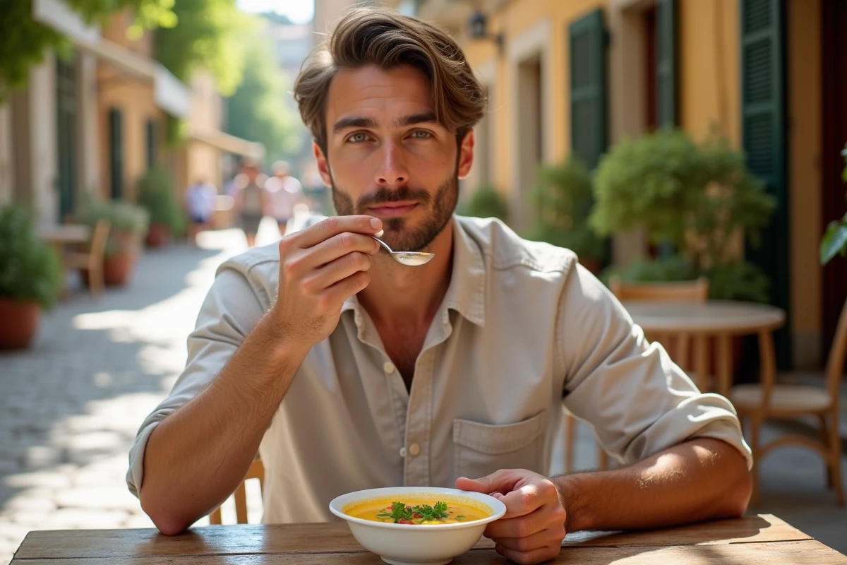 Jeune homme dégustant une soupe au pistou en extérieur en été