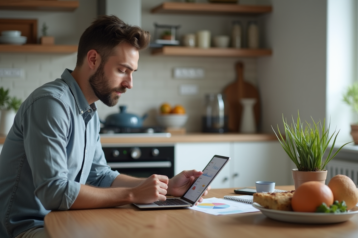Jeune homme regardant un tableau de consommation d énergie près du four